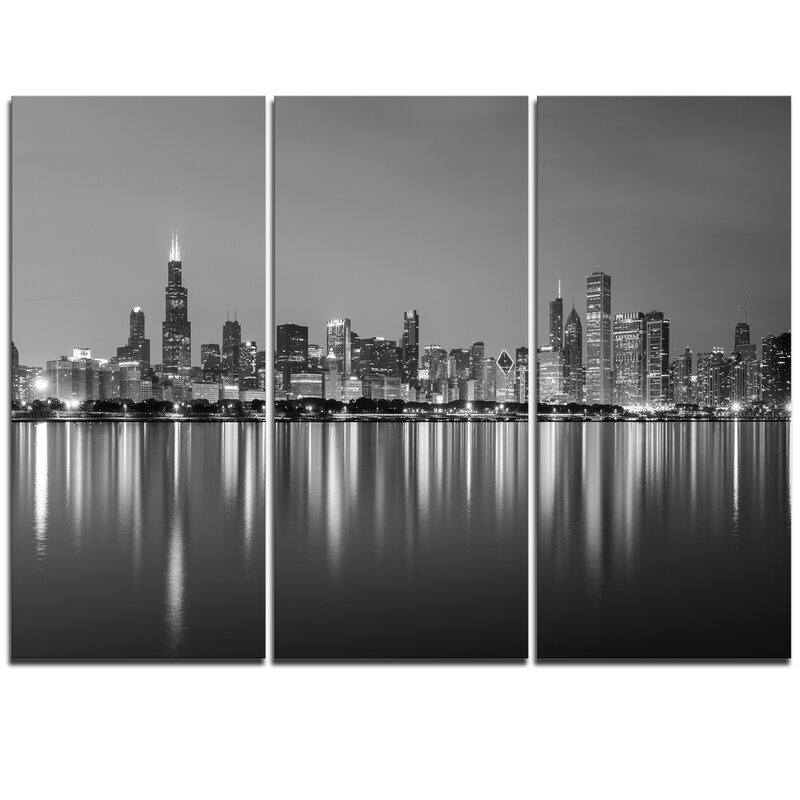 DesignArt Chicago Skyline at Night Black and White 3 Piece Graphic